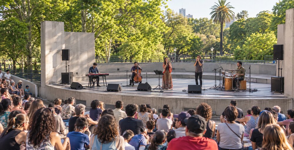 Concierto de música folklórica con voz, piano, violonchelo, armónica y percusión ante el público del Anfiteatro de Parque Centenario.