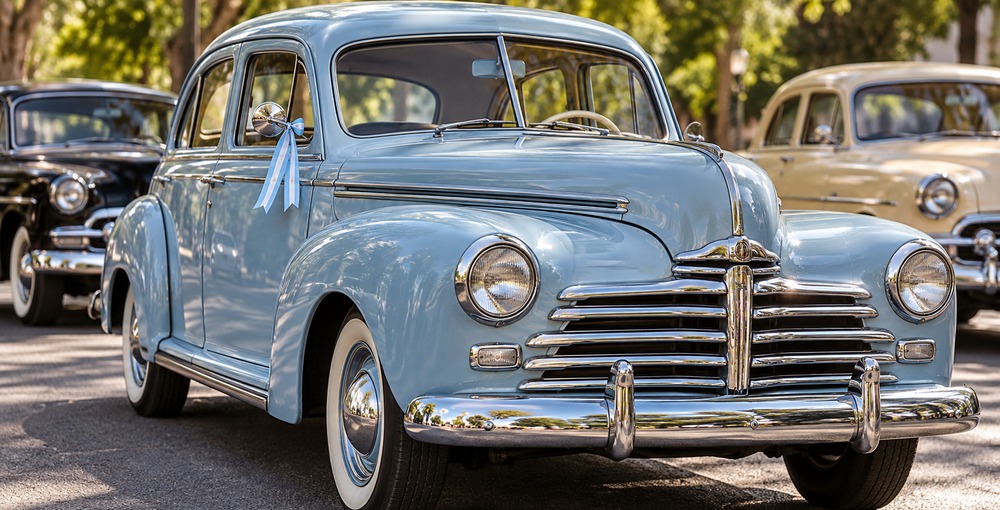 Autos antiguos con cintas celestes y blancas evocan la caravana anunciada por el 118.º aniversario de Villa Lugano.