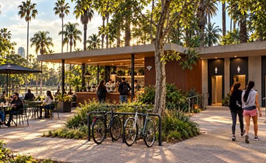 Recreación ilustrativa de un café con baños públicos accesibles, Wi-Fi y bicicleteros, servicios previstos para parques y plazas porteñas.