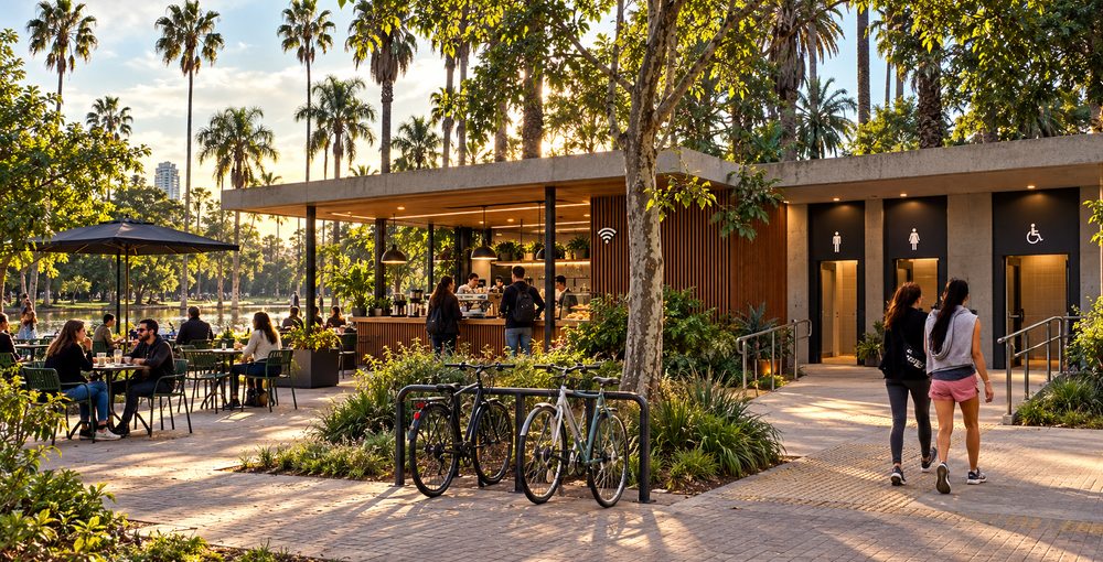 Recreación ilustrativa de un café con baños públicos accesibles, Wi-Fi y bicicleteros, servicios previstos para parques y plazas porteñas.