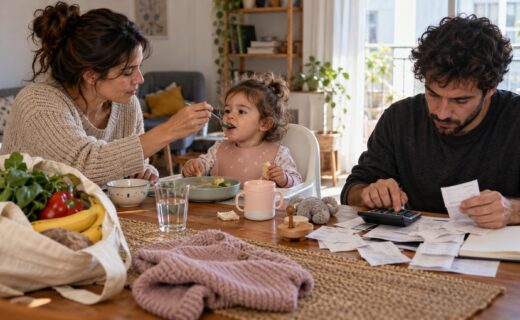 Canasta de crianza en la Ciudad de Buenos Aires, con una escena familiar que representa los gastos en alimentación, vestimenta y el tiempo dedicado al cuidado infantil.
