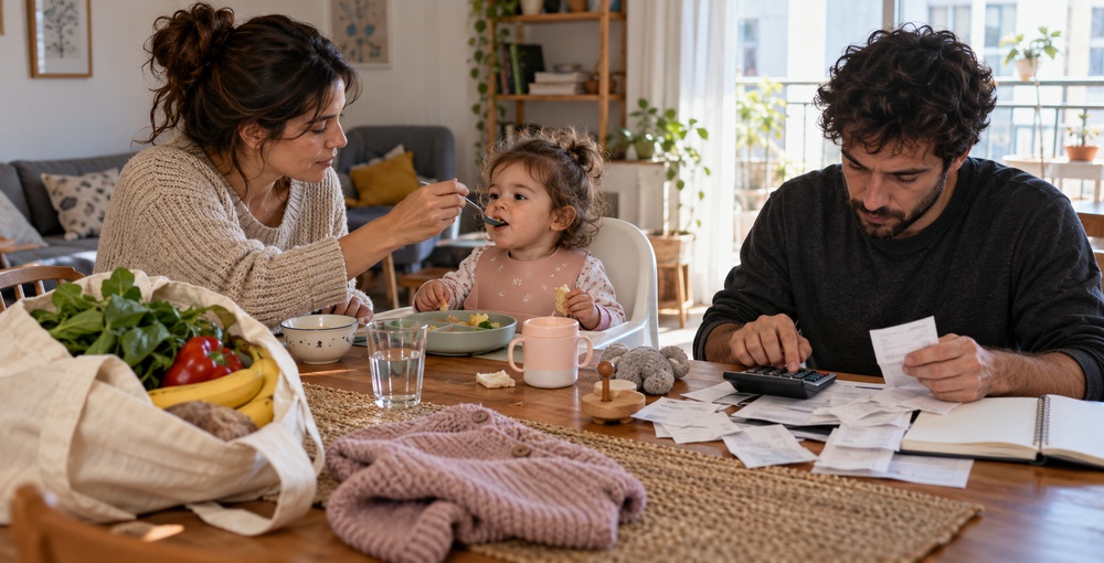 Canasta de crianza en la Ciudad de Buenos Aires, con una escena familiar que representa los gastos en alimentación, vestimenta y el tiempo dedicado al cuidado infantil.