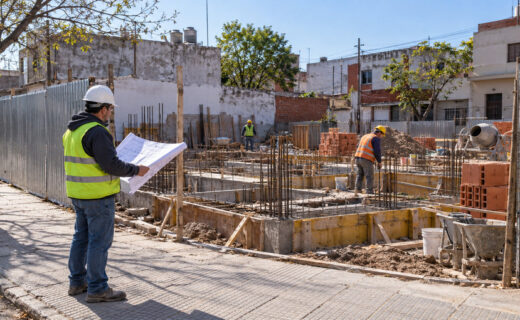Trabajadores y materiales en una obra de construcción ambientada en un barrio porteño.