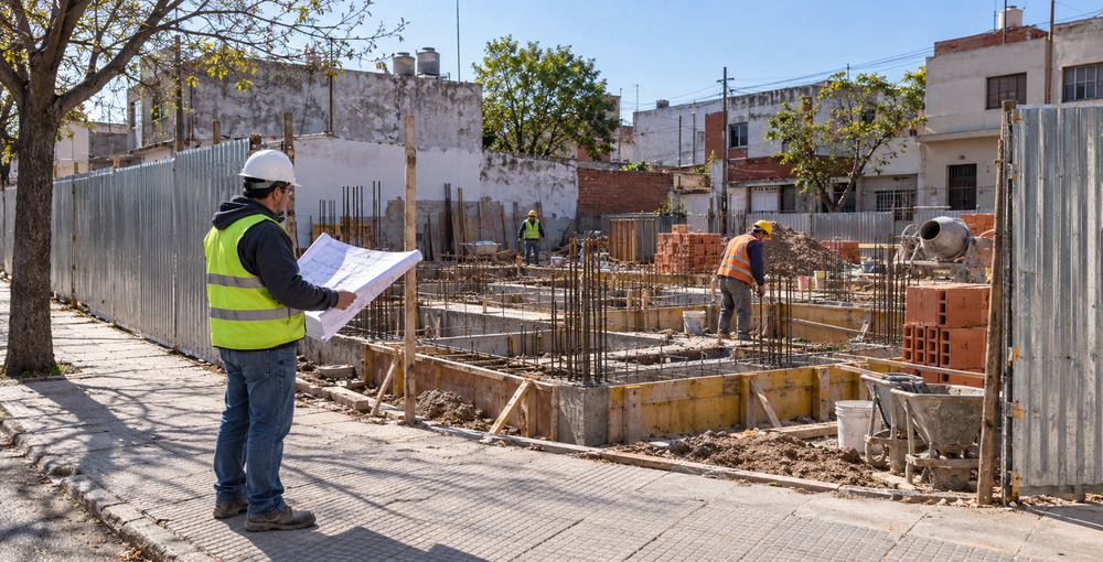 Trabajadores y materiales en una obra de construcción ambientada en un barrio porteño.