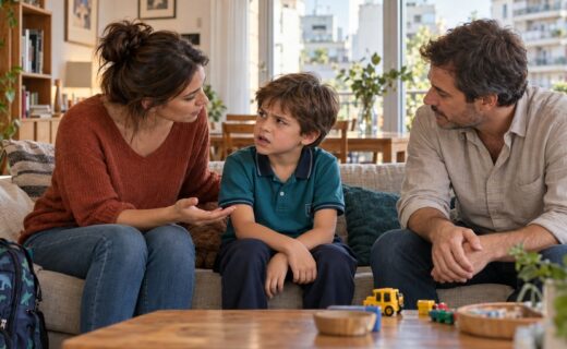 Un chico frustrado junto a sus padres, que lo acompañan con calma después de la escuela.