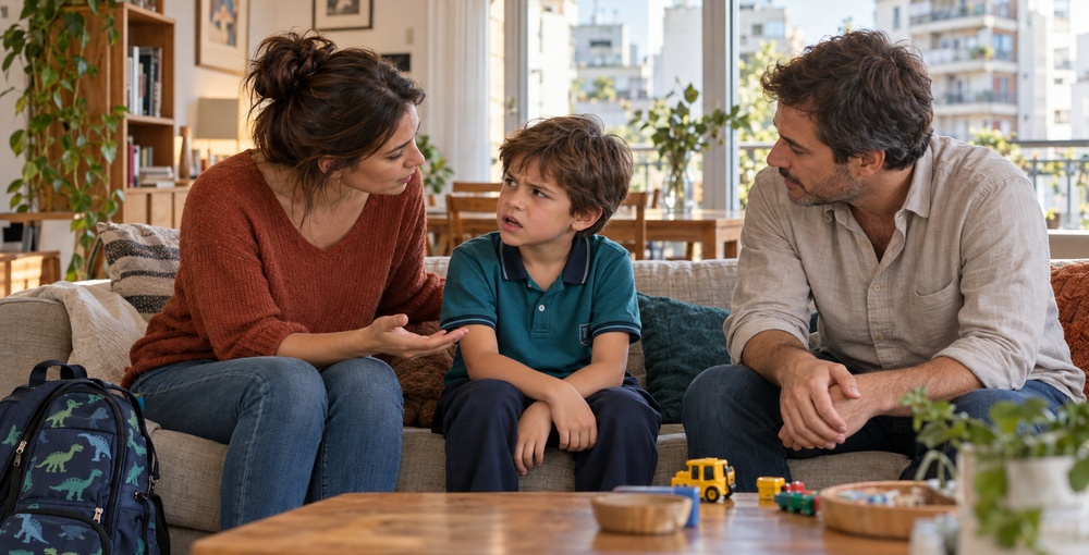 Un chico frustrado junto a sus padres, que lo acompañan con calma después de la escuela.