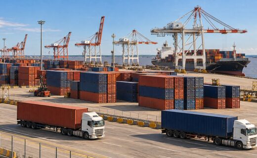 Camiones, contenedores y grúas portuarias en una escena ilustrativa sobre transporte e infraestructura, temas de la Cumbre Federal de Logística que se realizará en Buenos Aires.