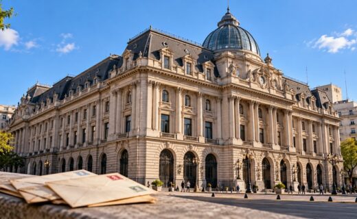 Recreación del pasado postal de Buenos Aires con cartas y un palacio, para acompañar la historia del correo y su vínculo con la cultura porteña.