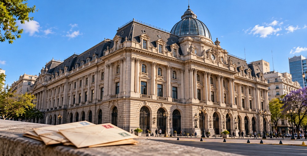 Recreación del pasado postal de Buenos Aires con cartas y un palacio, para acompañar la historia del correo y su vínculo con la cultura porteña.