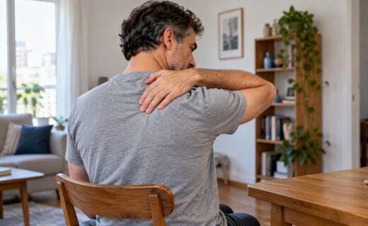 Dolor de omóplatos y señales que requieren atención médica, ilustrados por un hombre que se toca la parte alta de la espalda en su hogar.