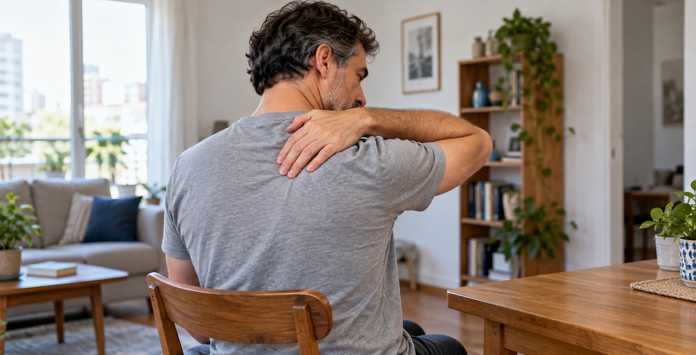 Dolor de omóplatos y señales que requieren atención médica, ilustrados por un hombre que se toca la parte alta de la espalda en su hogar.
