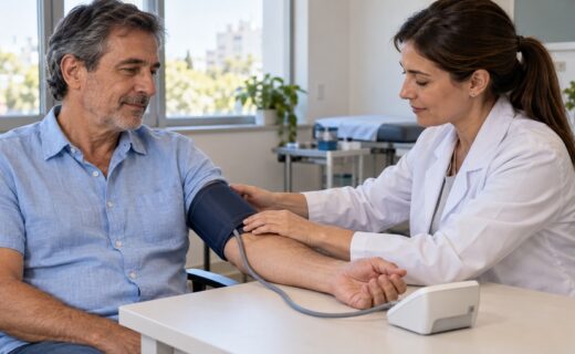 Profesional de salud midiendo la presión arterial de un paciente durante un control para detectar hipertensión.
