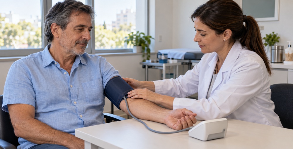 Profesional de salud midiendo la presión arterial de un paciente durante un control para detectar hipertensión.