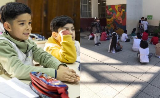 Alumnos en un aula y un patio escolar porteño ilustran la inscripción escolar 2027 en CABA, abierta del 5 de octubre al 6 de noviembre.