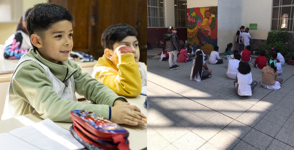 Alumnos en un aula y un patio escolar porteño ilustran la inscripción escolar 2027 en CABA, abierta del 5 de octubre al 6 de noviembre.