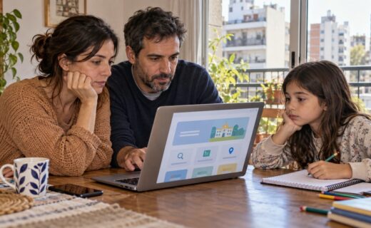 Una familia consulta una computadora en una escena ilustrativa sobre la web gratuita que orienta sobre inscripción escolar, vacantes y reclamos en CABA.