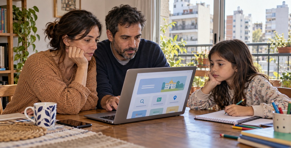 Una familia consulta una computadora en una escena ilustrativa sobre la web gratuita que orienta sobre inscripción escolar, vacantes y reclamos en CABA.