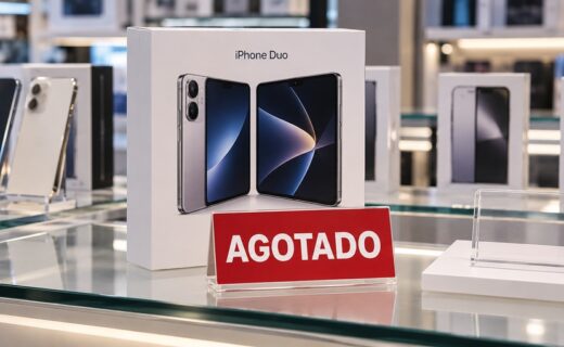 Recreación ilustrativa de una góndola de celulares con una caja de iPhone Duo y un cartel de “Agotado”, sobre las demoras en su preventa internacional.
