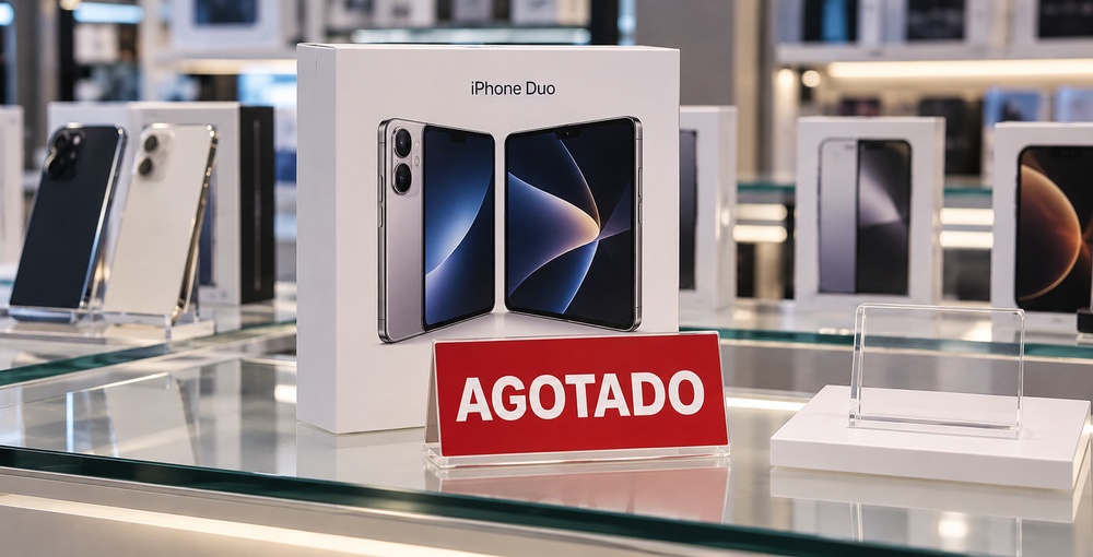 Recreación ilustrativa de una góndola de celulares con una caja de iPhone Duo y un cartel de “Agotado”, sobre las demoras en su preventa internacional.