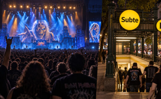 Escena de un recital de heavy metal junto a un acceso ilustrativo a la Línea H del subte porteño.