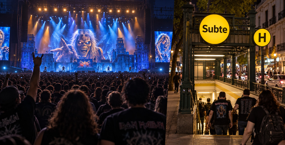 Escena de un recital de heavy metal junto a un acceso ilustrativo a la Línea H del subte porteño.
