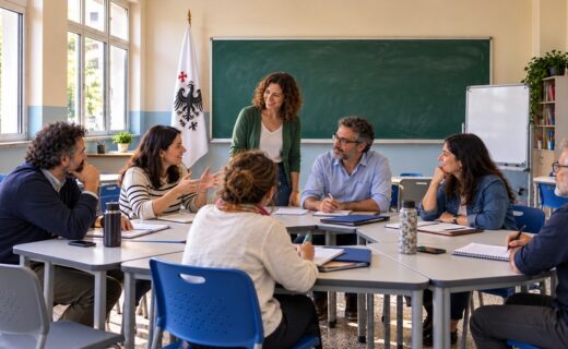 Docentes reunidos en un aula con mobiliario modular y bandera de CABA, en una recreación de las jornadas EMI de las escuelas porteñas.