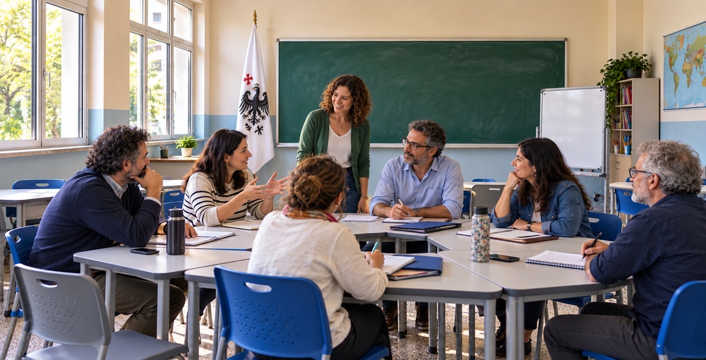 Docentes reunidos en un aula con mobiliario modular y bandera de CABA, en una recreación de las jornadas EMI de las escuelas porteñas.