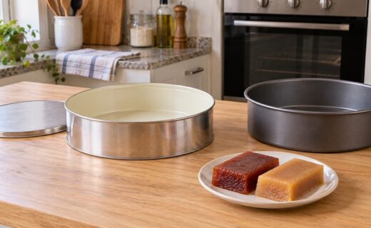 Lata de dulce de batata o membrillo junto a un molde de repostería, para explicar qué verificar antes de reutilizar envases en el horno.