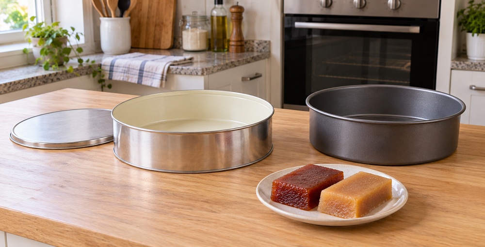 Lata de dulce de batata o membrillo junto a un molde de repostería, para explicar qué verificar antes de reutilizar envases en el horno.