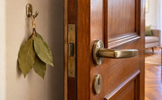 Laurel seco detrás de la puerta de entrada, una costumbre popular asociada con la protección y la buena fortuna, sin efectos científicos comprobados sobre la prosperidad.