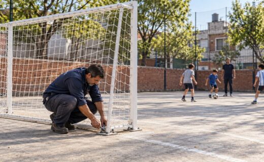 Ilustración de la prevención que promueve la Ley Joaquín, con un adulto revisando el anclaje de un arco y chicos practicando fútbol bajo supervisión.
