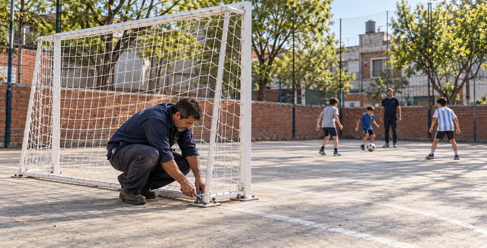 Ilustración de la prevención que promueve la Ley Joaquín, con un adulto revisando el anclaje de un arco y chicos practicando fútbol bajo supervisión.