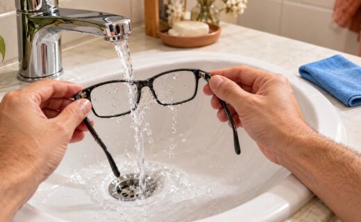 Manos enjuagando anteojos bajo la canilla, con un paño de microfibra limpio junto al lavabo.