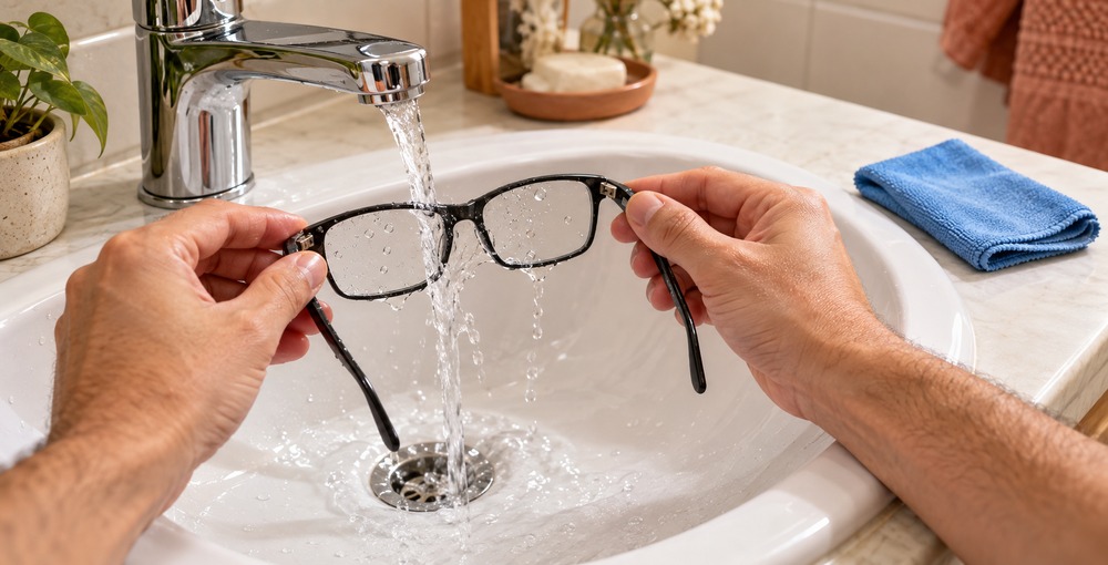 Manos enjuagando anteojos bajo la canilla, con un paño de microfibra limpio junto al lavabo.