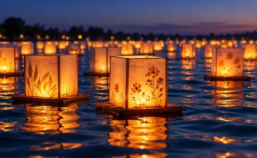 Linternas iluminadas flotando sobre el agua al atardecer, en una recreación ilustrativa del Water Lantern Festival anunciado en el Hipódromo de Palermo.