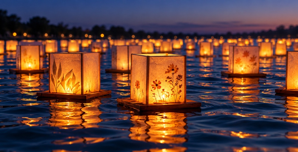 Linternas iluminadas flotando sobre el agua al atardecer, en una recreación ilustrativa del Water Lantern Festival anunciado en el Hipódromo de Palermo.