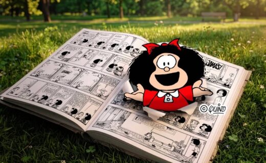 Mafalda emerge de un libro de historietas en la imagen promocional de Mafalda Inmersiva en el Centro Cultural Recoleta.