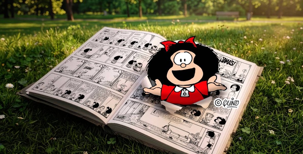 Mafalda emerge de un libro de historietas en la imagen promocional de Mafalda Inmersiva en el Centro Cultural Recoleta.