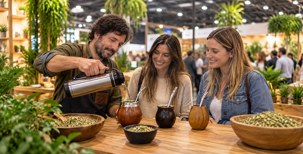 MATEAR vuelve a La Rural con degustaciones y actividades sobre cultura matera; ilustración de una preparación de mate ante visitantes.