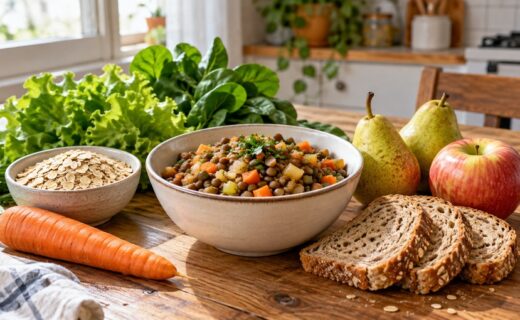 Legumbres, avena, frutas, verduras y pan integral ilustran el papel de la fibra alimentaria en el cuidado de la microbiota intestinal.