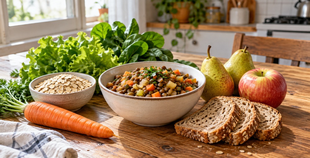 Legumbres, avena, frutas, verduras y pan integral ilustran el papel de la fibra alimentaria en el cuidado de la microbiota intestinal.