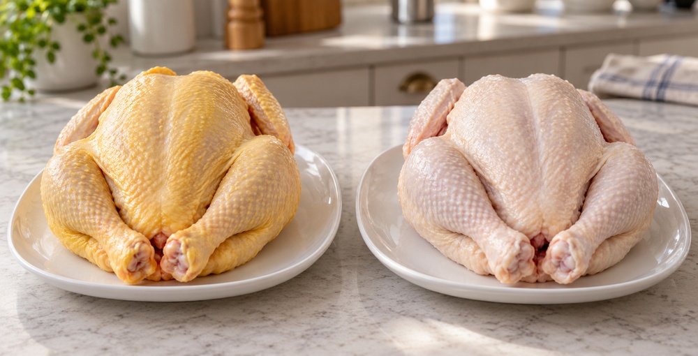 Pollo con piel amarilla o blanca: diferencias de pigmentación y claves para elegir, conservar y cocinar el producto de forma segura.
