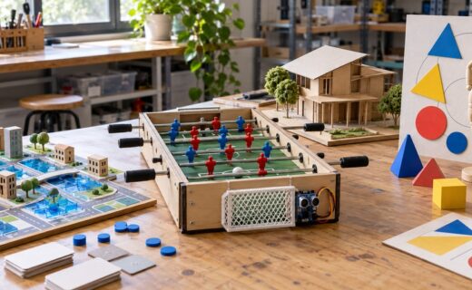 Proyectos escolares que unen ciencia, tecnología y arte, representados por un metegol con sensores, una maqueta urbana y materiales de geometría y danza.