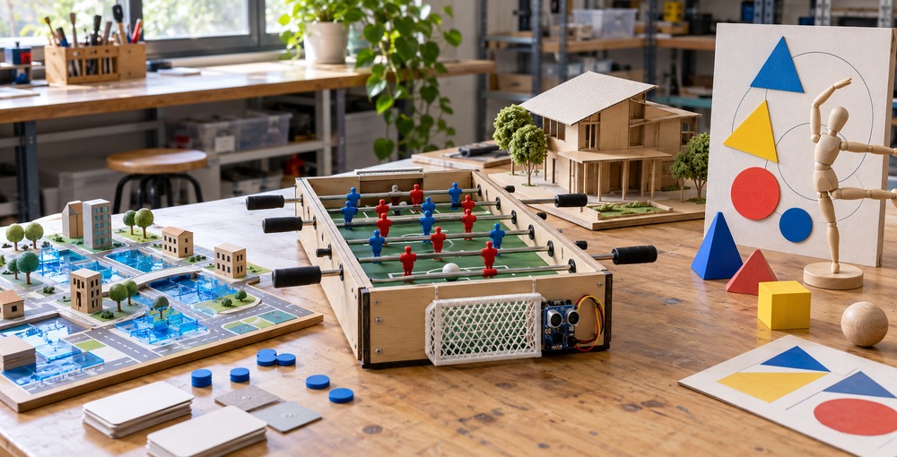 Proyectos escolares que unen ciencia, tecnología y arte, representados por un metegol con sensores, una maqueta urbana y materiales de geometría y danza.