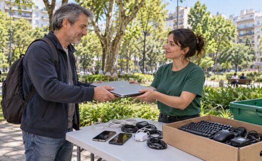 Entrega de una notebook, celulares y cargadores para el reciclaje de residuos electrónicos, tema de la guía sobre dónde llevar aparatos en desuso en CABA.