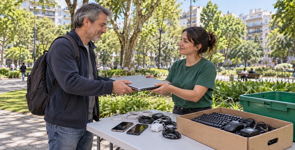 Entrega de una notebook, celulares y cargadores para el reciclaje de residuos electrónicos, tema de la guía sobre dónde llevar aparatos en desuso en CABA.