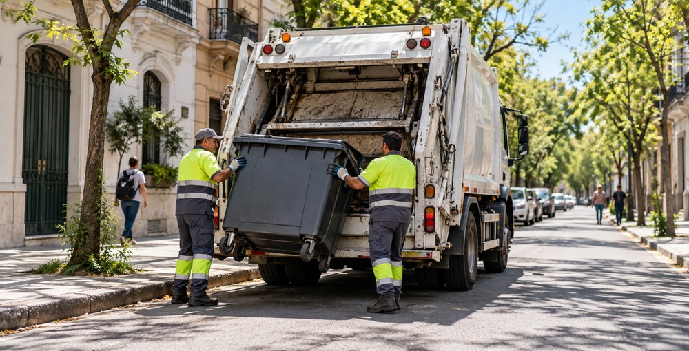 Recolección de residuos en una escena urbana porteña, servicio que funcionará habitualmente durante el feriado del lunes 12 de octubre en CABA.