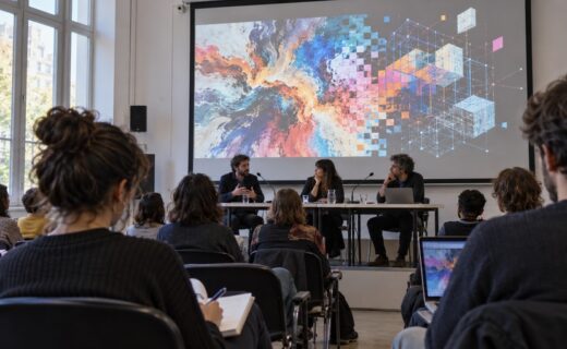 Recreación ilustrativa de una charla universitaria sobre arte e inteligencia artificial, tema del encuentro abierto organizado por la UNA en Buenos Aires.