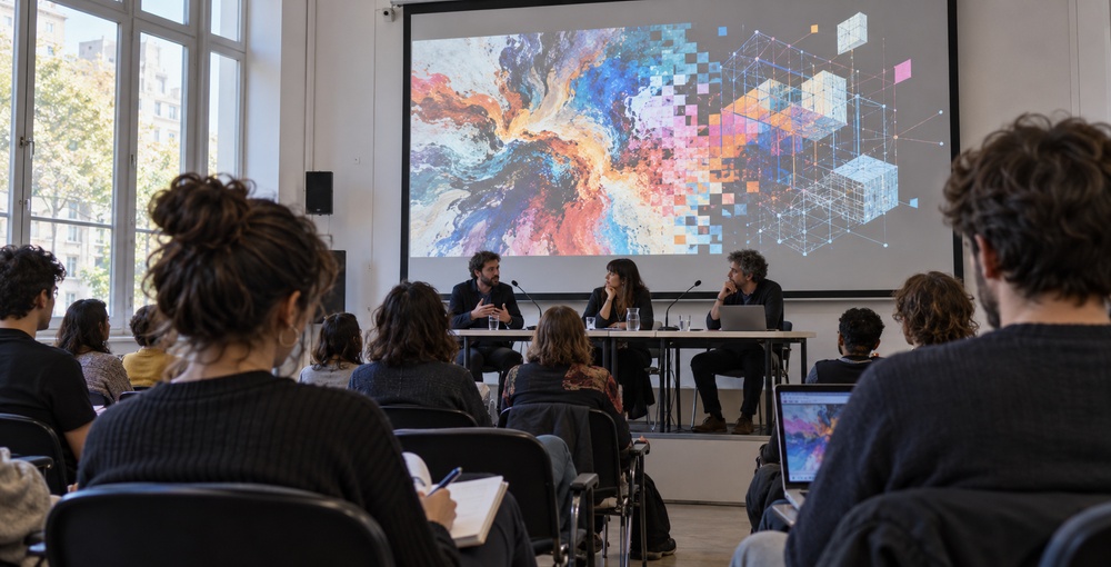 Recreación ilustrativa de una charla universitaria sobre arte e inteligencia artificial, tema del encuentro abierto organizado por la UNA en Buenos Aires.